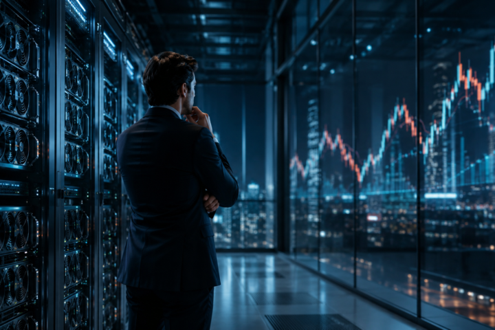 A businessperson stands in a blue-lit AI data center, looking toward abstract market chart reflections on glass beside rows of servers.