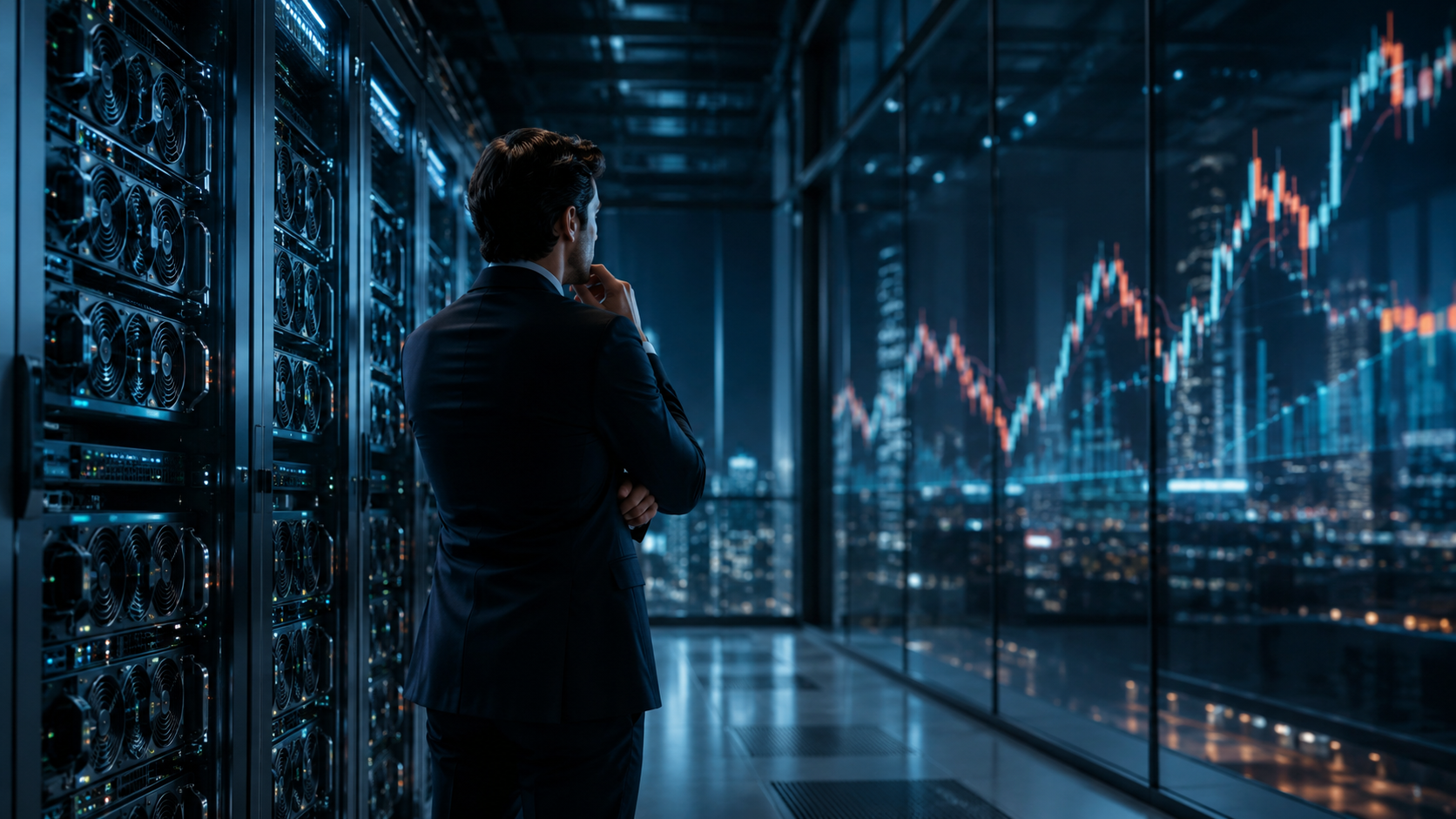 A businessperson stands in a blue-lit AI data center, looking toward abstract market chart reflections on glass beside rows of servers.