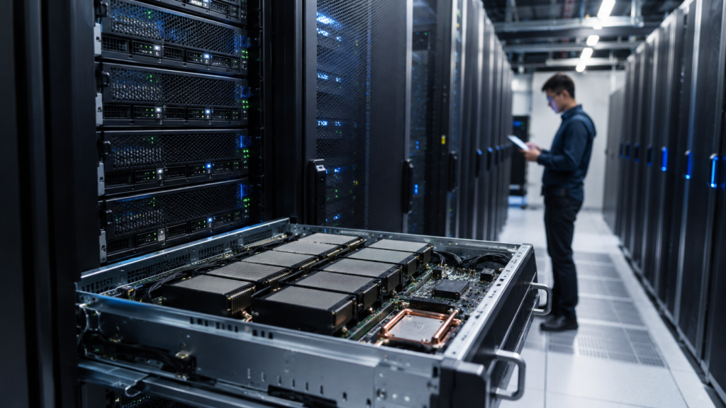 Open server hardware with advanced chip modules inside a modern data center aisle as a technician checks equipment in the background.