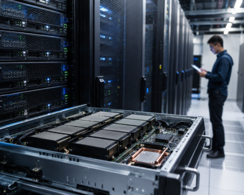 Open server hardware with advanced chip modules inside a modern data center aisle as a technician checks equipment in the background.