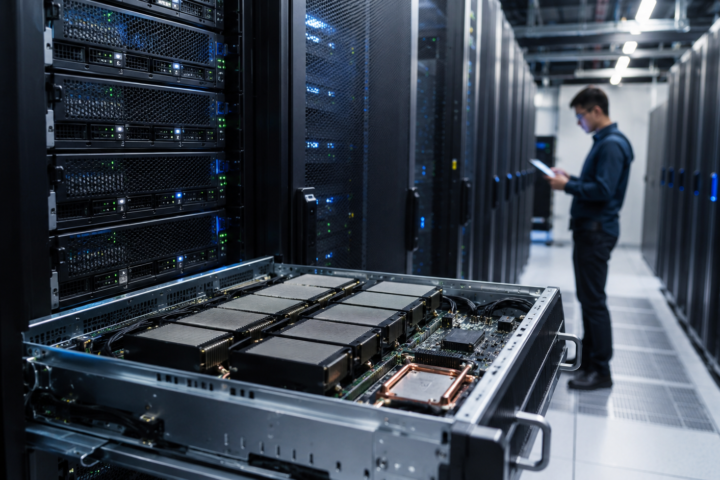 Open server hardware with advanced chip modules inside a modern data center aisle as a technician checks equipment in the background.