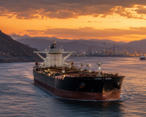 A large crude oil tanker moves through a narrow waterway at sunset, with refinery lights and mountainous coastline in the background.