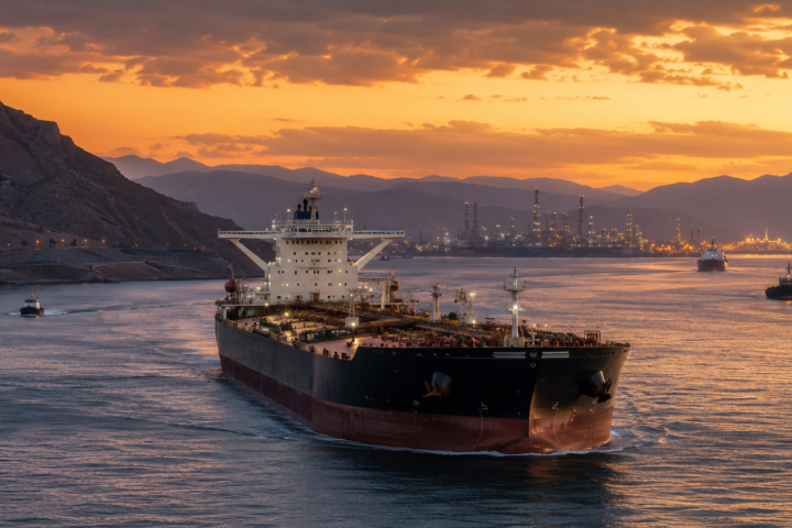 A large crude oil tanker moves through a narrow waterway at sunset, with refinery lights and mountainous coastline in the background.