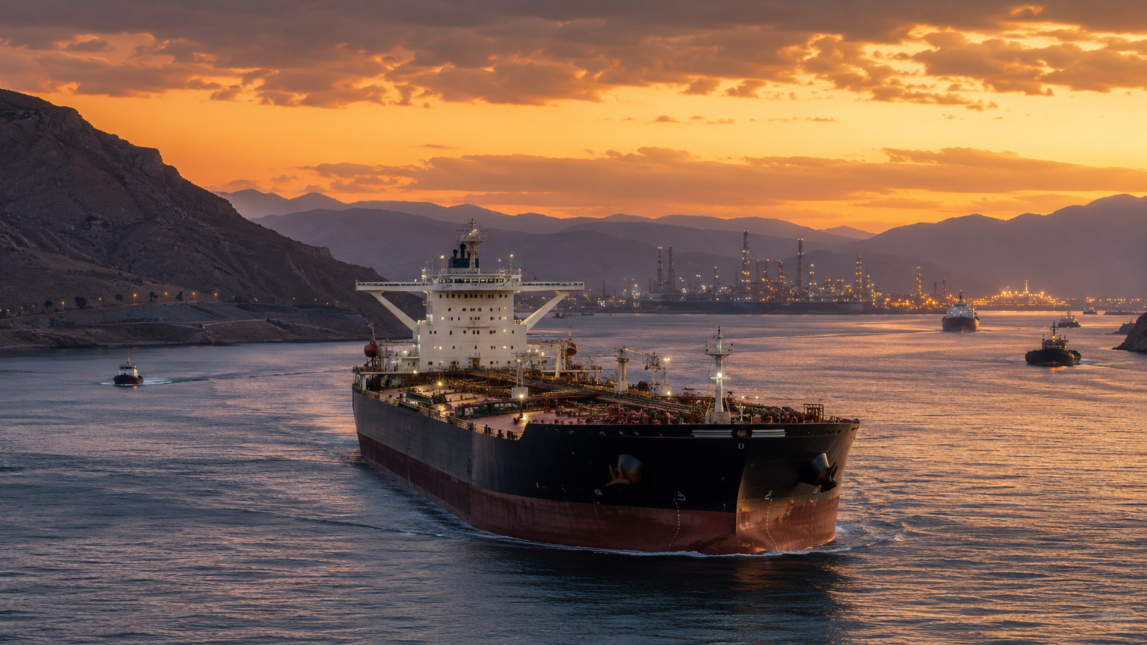 A large crude oil tanker moves through a narrow waterway at sunset, with refinery lights and mountainous coastline in the background.