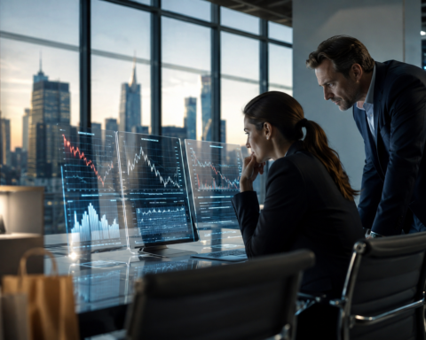 Business executives review financial charts on transparent screens in a modern office overlooking a city skyline.