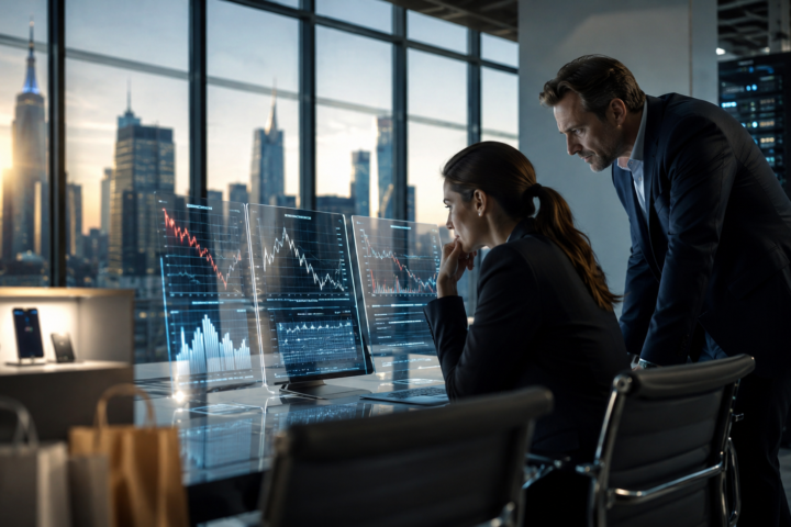Business executives review financial charts on transparent screens in a modern office overlooking a city skyline.