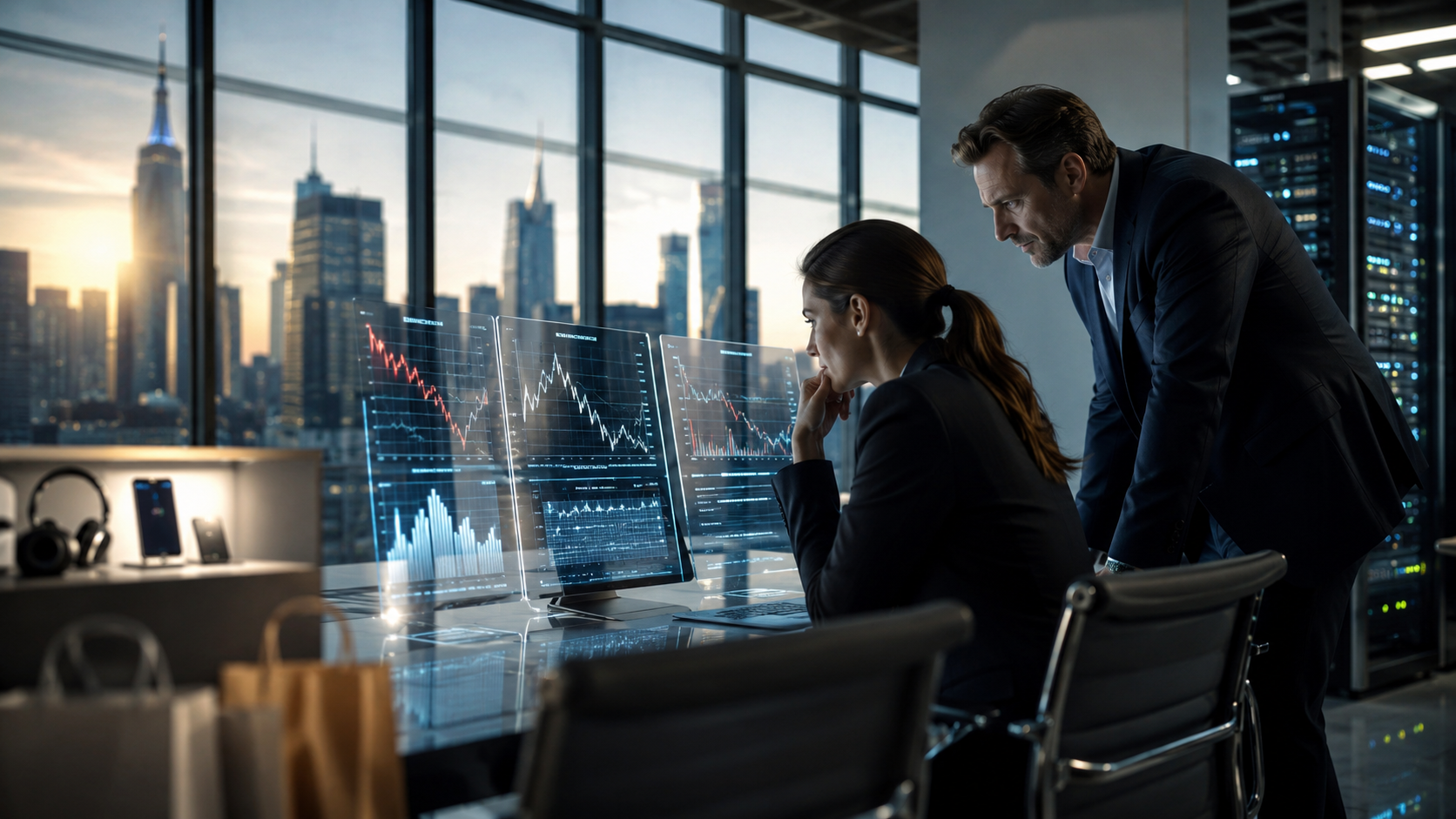 Business executives review financial charts on transparent screens in a modern office overlooking a city skyline.