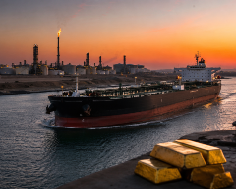A crude oil tanker moves through a narrow waterway near refinery towers and storage tanks at sunset, with gold bars on an industrial dock in the foreground.
