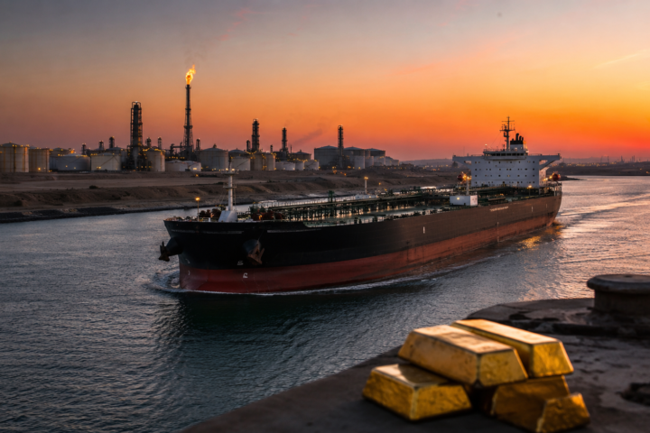 A crude oil tanker moves through a narrow waterway near refinery towers and storage tanks at sunset, with gold bars on an industrial dock in the foreground.