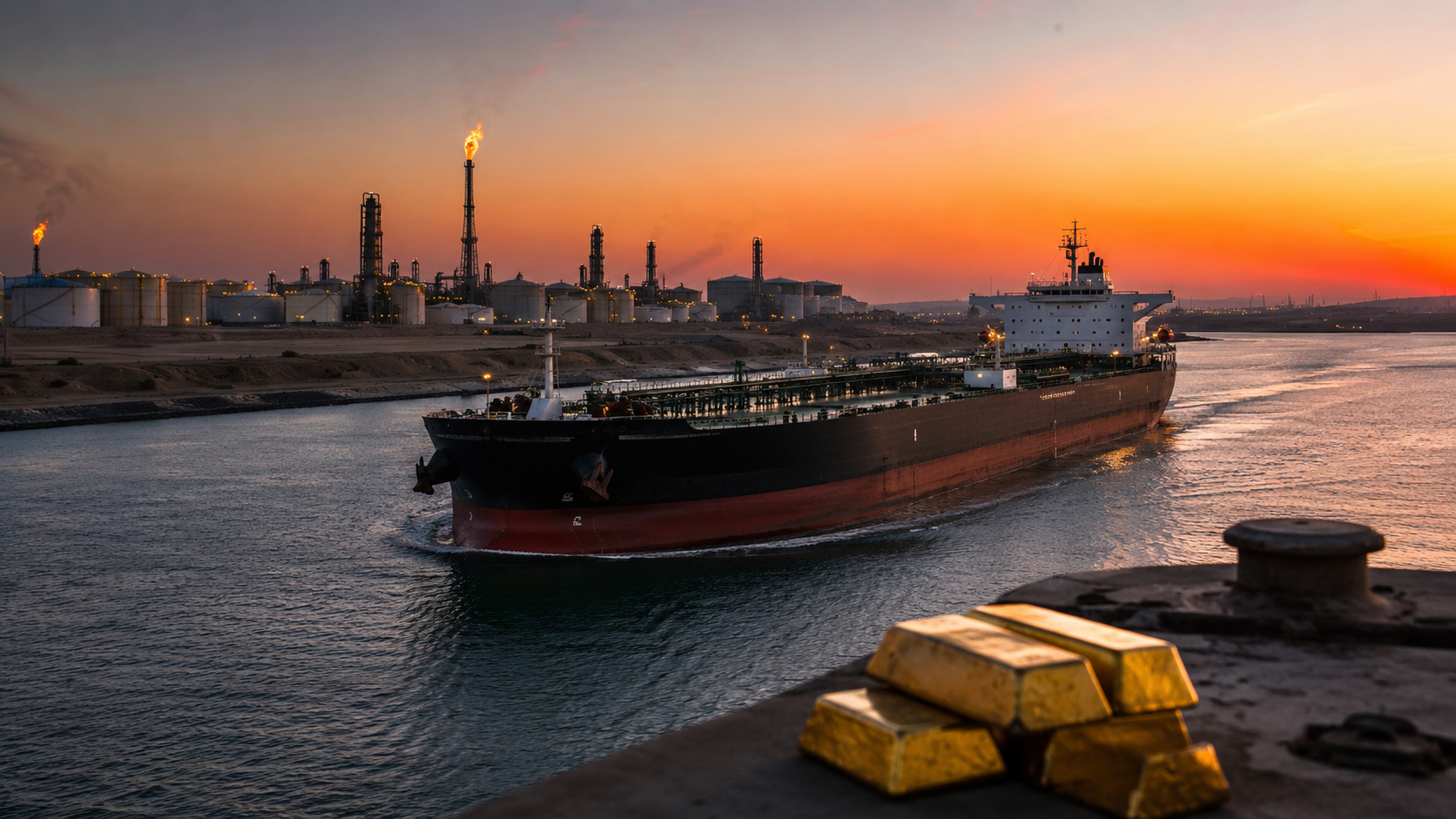 A crude oil tanker moves through a narrow waterway near refinery towers and storage tanks at sunset, with gold bars on an industrial dock in the foreground.