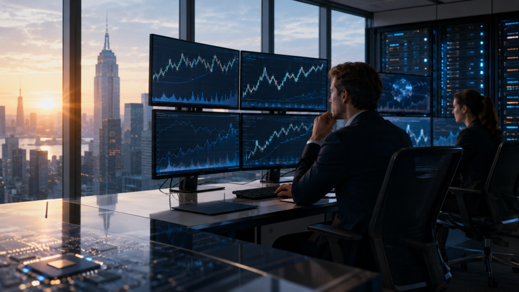 Financial analysts monitor market charts in a modern trading office overlooking a city skyline at sunrise, with data-center lights suggesting AI-driven market activity.
