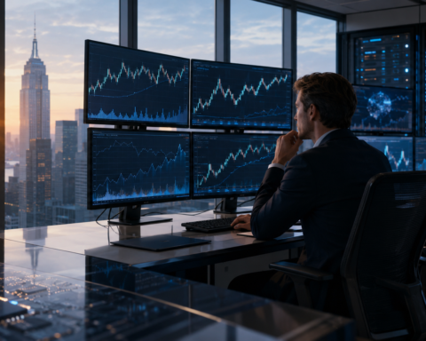 Financial analysts monitor market charts in a modern trading office overlooking a city skyline at sunrise, with data-center lights suggesting AI-driven market activity.