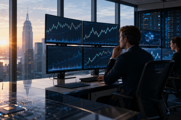 Financial analysts monitor market charts in a modern trading office overlooking a city skyline at sunrise, with data-center lights suggesting AI-driven market activity.