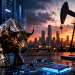 Bronze bull statue beside glowing semiconductor circuits, with server racks, a city skyline and an oil pumpjack in the background.