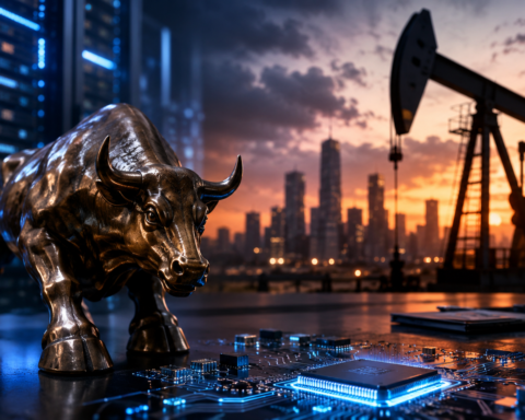 Bronze bull statue beside glowing semiconductor circuits, with server racks, a city skyline and an oil pumpjack in the background.