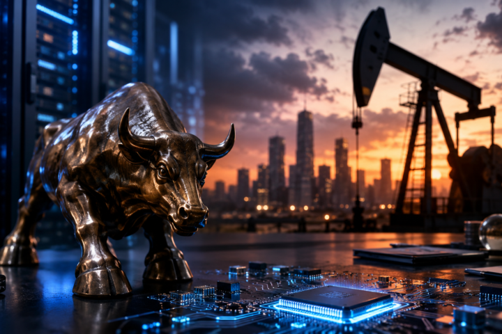 Bronze bull statue beside glowing semiconductor circuits, with server racks, a city skyline and an oil pumpjack in the background.