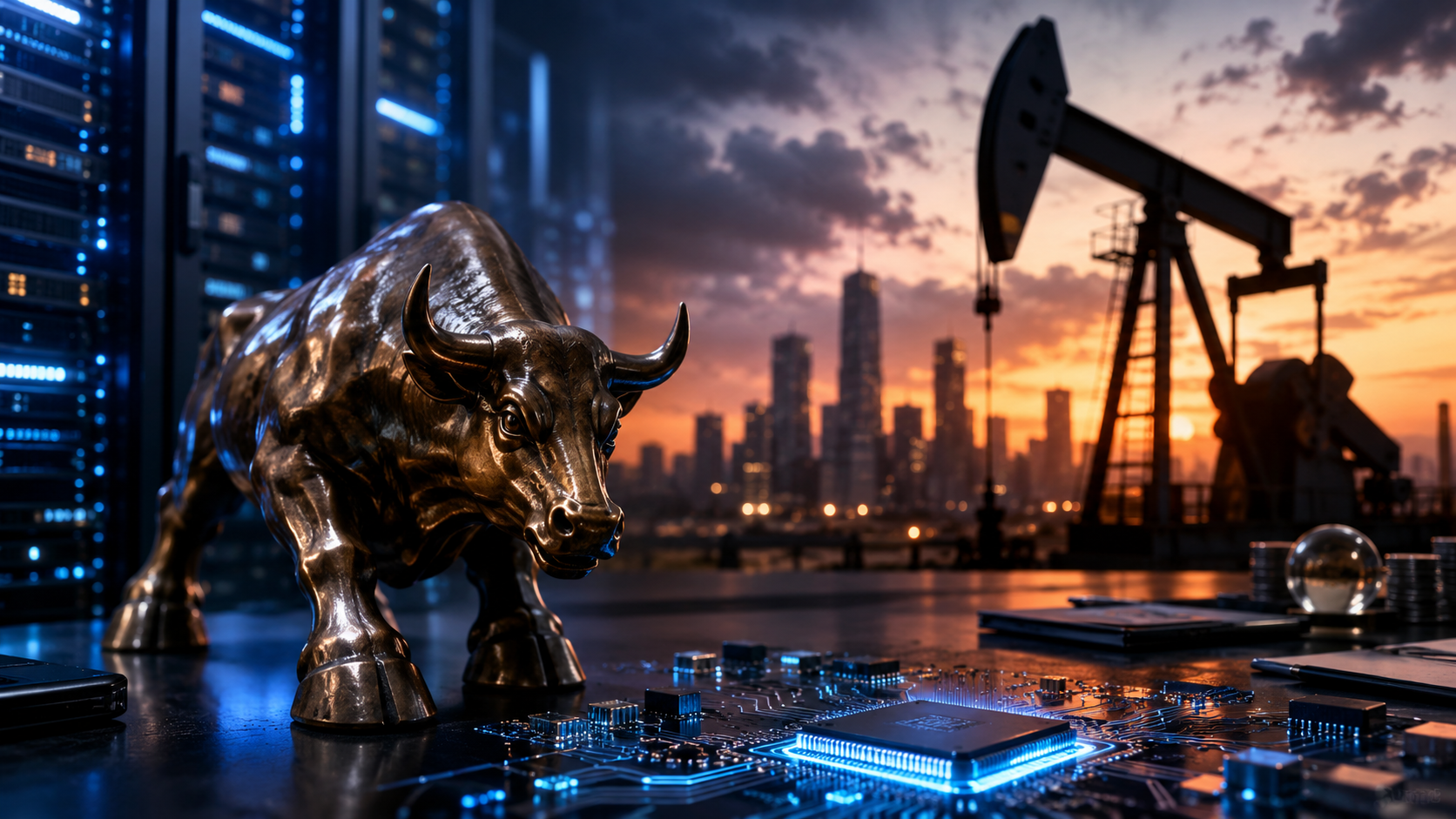 Bronze bull statue beside glowing semiconductor circuits, with server racks, a city skyline and an oil pumpjack in the background.