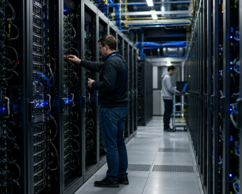 Technicians inspect rows of high-density server racks inside a modern data center with blue indicator lights.