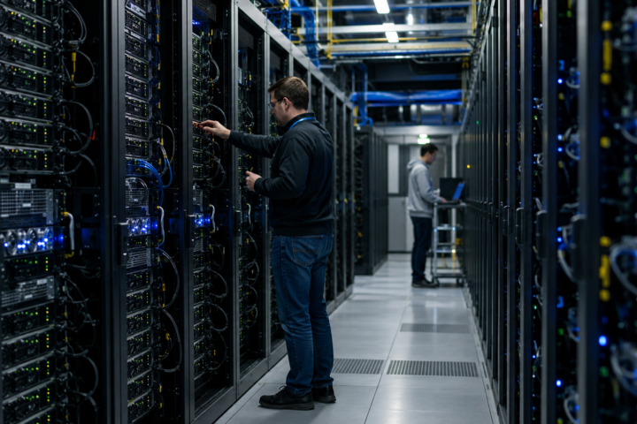 Technicians inspect rows of high-density server racks inside a modern data center with blue indicator lights.