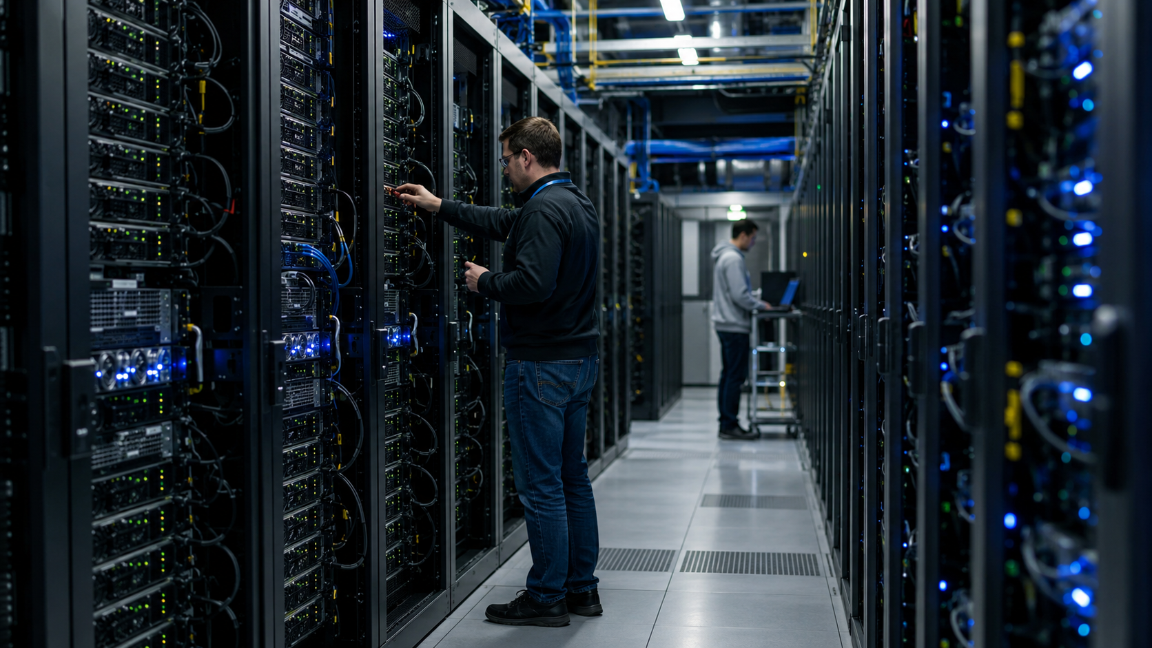 Technicians inspect rows of high-density server racks inside a modern data center with blue indicator lights.