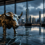 A reflective metal bull statue stands on cracked glass in a modern boardroom overlooking a stormy city skyline.