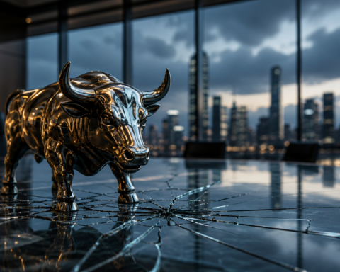 A reflective metal bull statue stands on cracked glass in a modern boardroom overlooking a stormy city skyline.