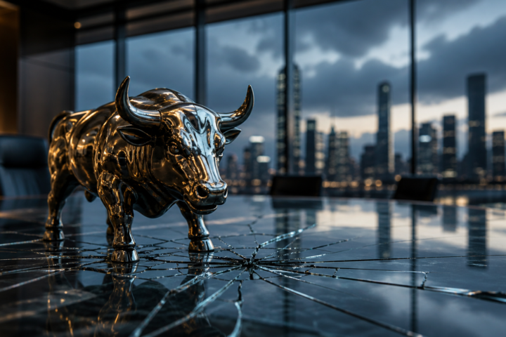 A reflective metal bull statue stands on cracked glass in a modern boardroom overlooking a stormy city skyline.