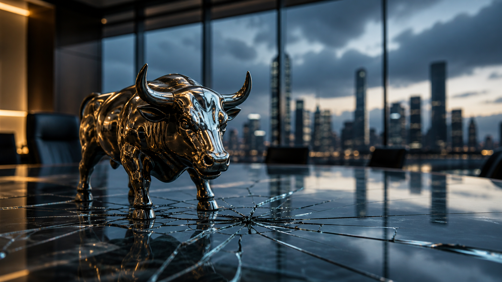 A reflective metal bull statue stands on cracked glass in a modern boardroom overlooking a stormy city skyline.
