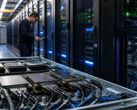 A technician works beside server racks and advanced computing hardware inside a modern data center.