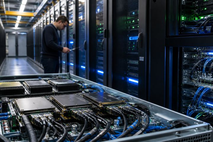 A technician works beside server racks and advanced computing hardware inside a modern data center.