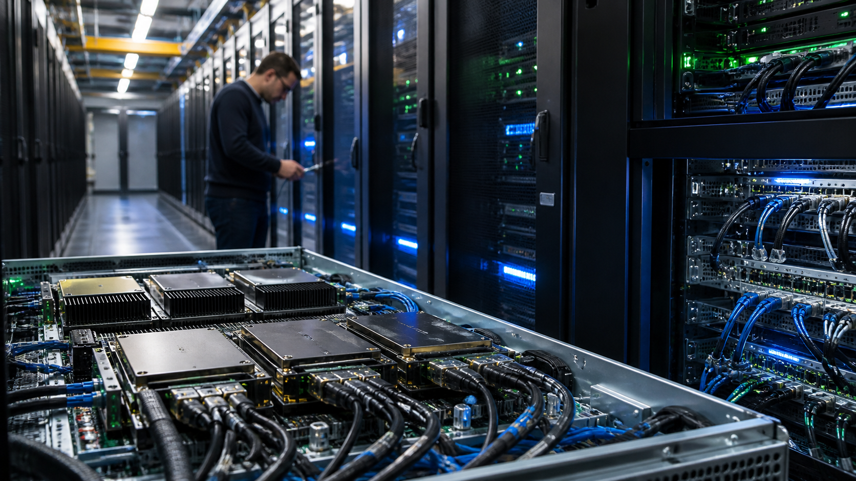A technician works beside server racks and advanced computing hardware inside a modern data center.