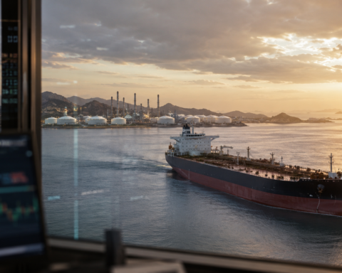 A large oil tanker moves through calm water near a coastal refinery at sunrise, with faint financial market screens reflected in foreground glass.