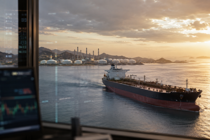 A large oil tanker moves through calm water near a coastal refinery at sunrise, with faint financial market screens reflected in foreground glass.