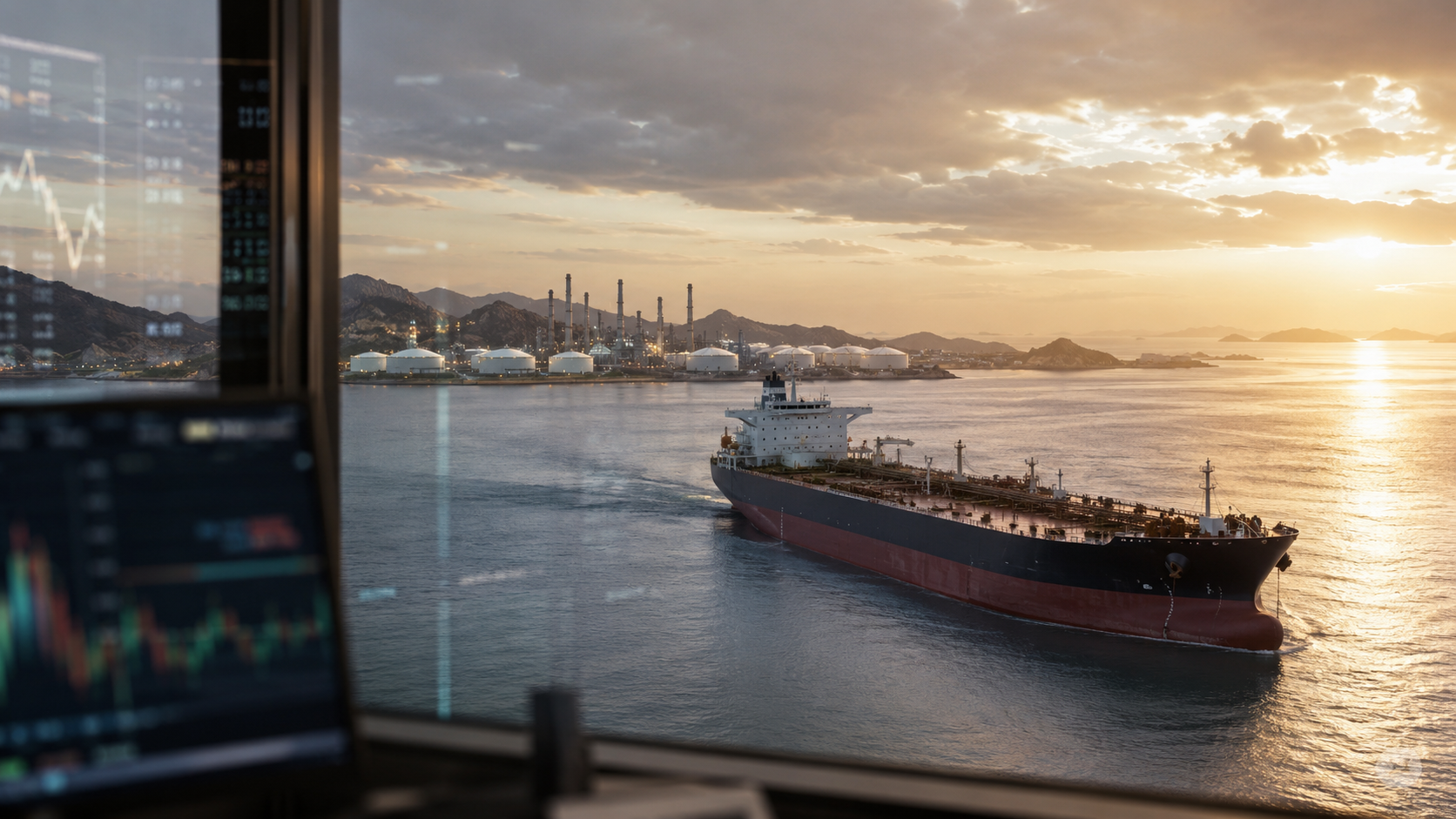 A large oil tanker moves through calm water near a coastal refinery at sunrise, with faint financial market screens reflected in foreground glass.