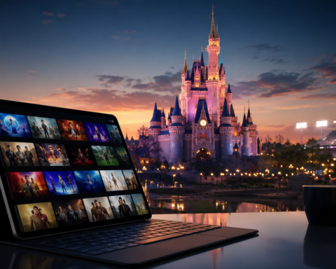 A tablet showing a generic streaming interface sits in front of an illuminated theme-park castle and stadium lights at dusk.