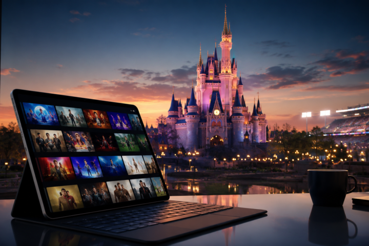 A tablet showing a generic streaming interface sits in front of an illuminated theme-park castle and stadium lights at dusk.