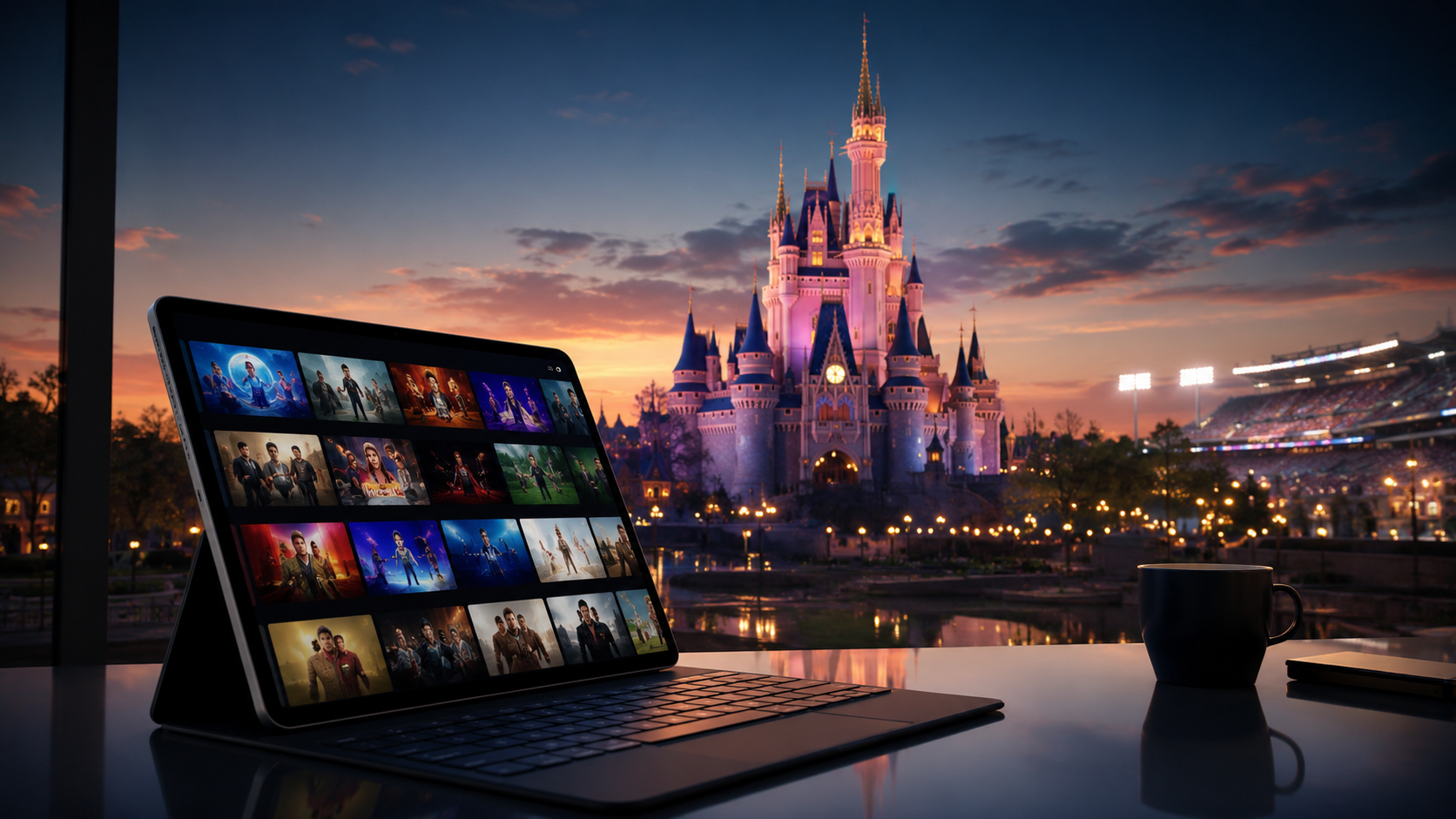 A tablet showing a generic streaming interface sits in front of an illuminated theme-park castle and stadium lights at dusk.