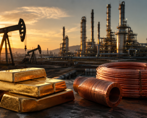 Gold bars and copper coils sit in front of oil pumpjacks and a refinery at sunset, symbolizing strength across energy and metals markets.
