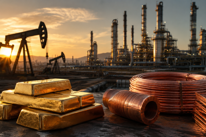 Gold bars and copper coils sit in front of oil pumpjacks and a refinery at sunset, symbolizing strength across energy and metals markets.