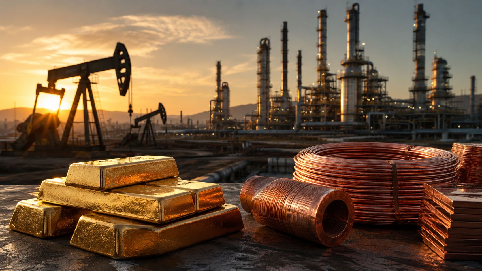 Gold bars and copper coils sit in front of oil pumpjacks and a refinery at sunset, symbolizing strength across energy and metals markets.