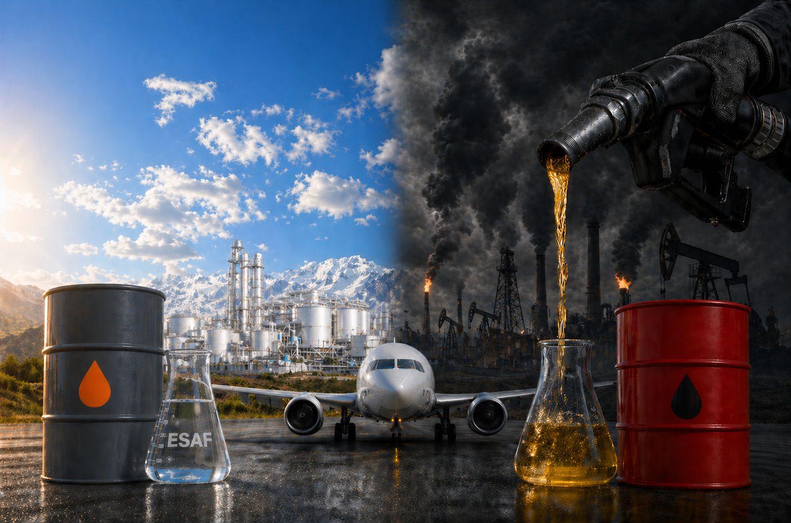Split image showing oil refinery and drilling operations contrasted with sustainable aviation fuel concept, featuring airplane, fuel barrels, and laboratory glassware