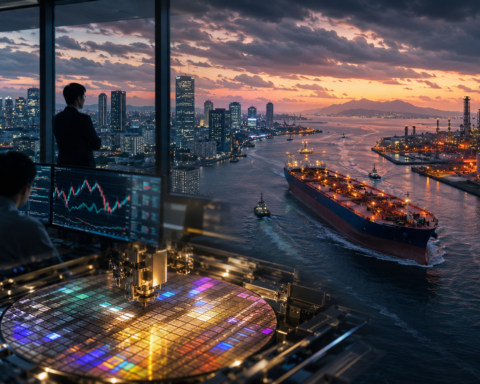 Photorealistic scene of a financial trading room overlooking an Asian harbor city, with a semiconductor wafer in the foreground, an oil tanker on the water, and a refinery burning in the distance.