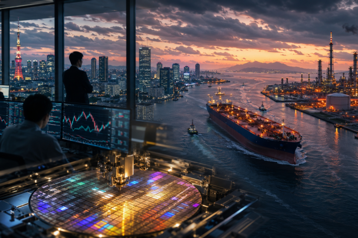 Photorealistic scene of a financial trading room overlooking an Asian harbor city, with a semiconductor wafer in the foreground, an oil tanker on the water, and a refinery burning in the distance.