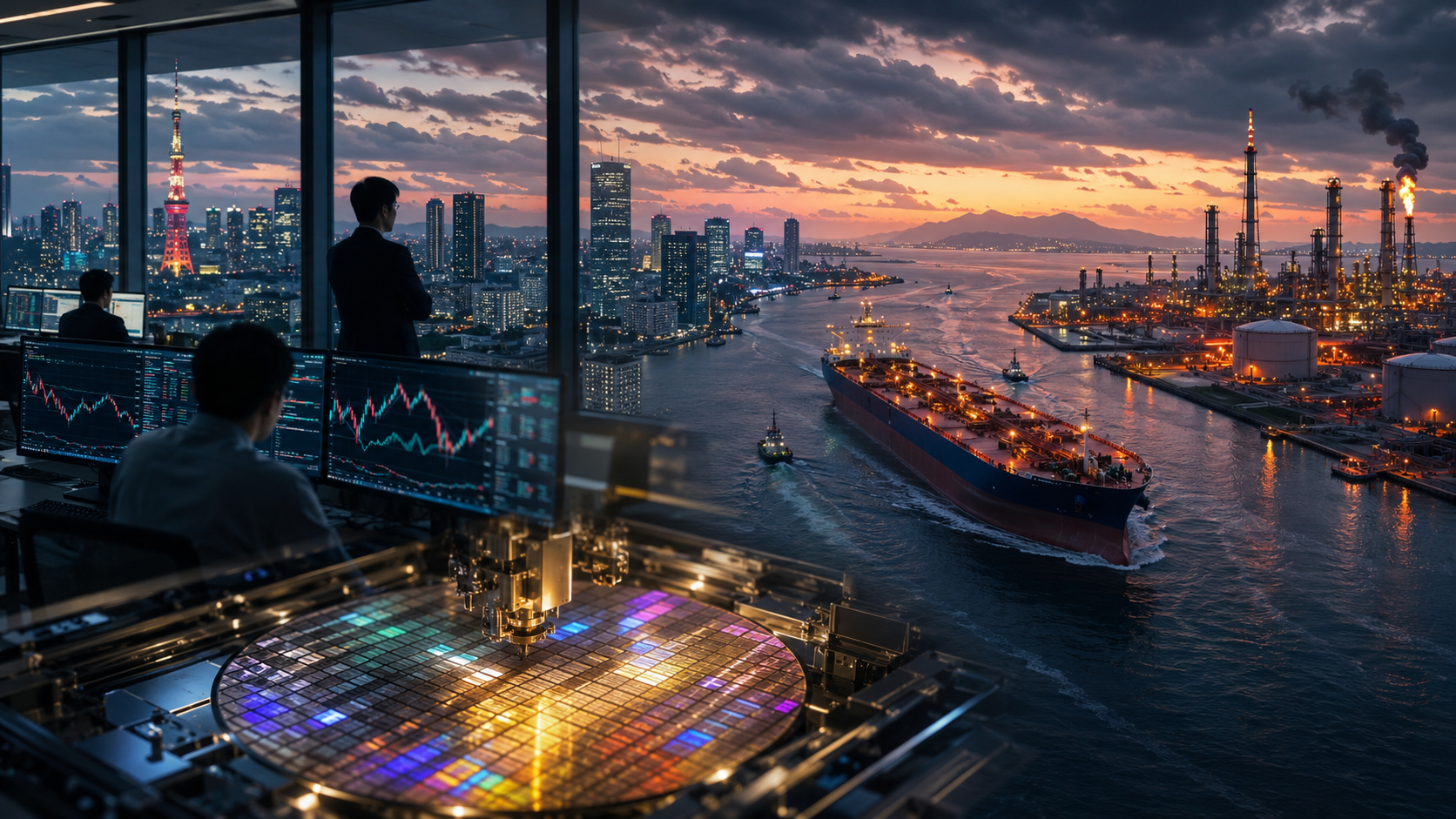 Photorealistic scene of a financial trading room overlooking an Asian harbor city, with a semiconductor wafer in the foreground, an oil tanker on the water, and a refinery burning in the distance.