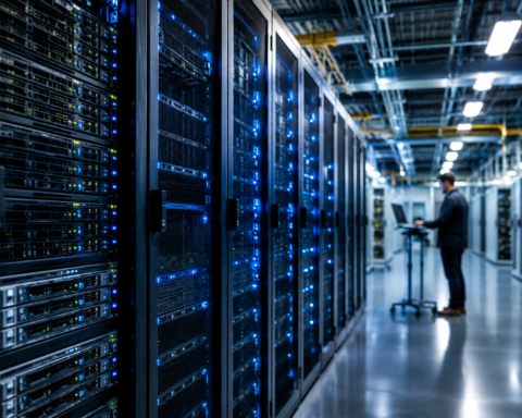 Rows of illuminated server racks inside a modern data center with a technician working in the background.
