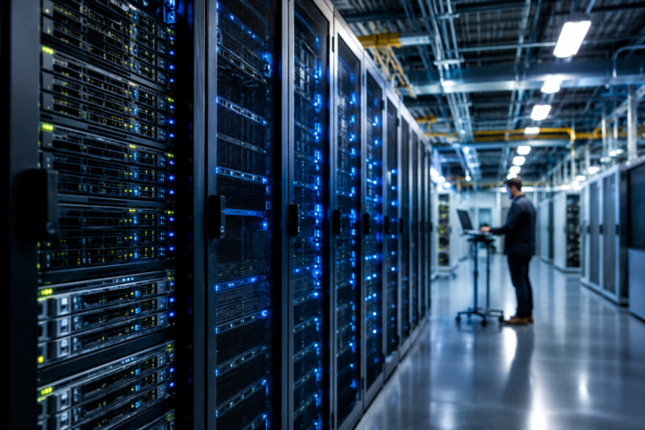 Rows of illuminated server racks inside a modern data center with a technician working in the background.