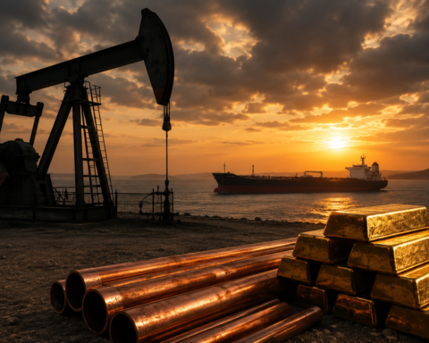 Oil pumpjack, tanker, gold bars and copper pipes at sunset, symbolizing energy and metals market volatility.