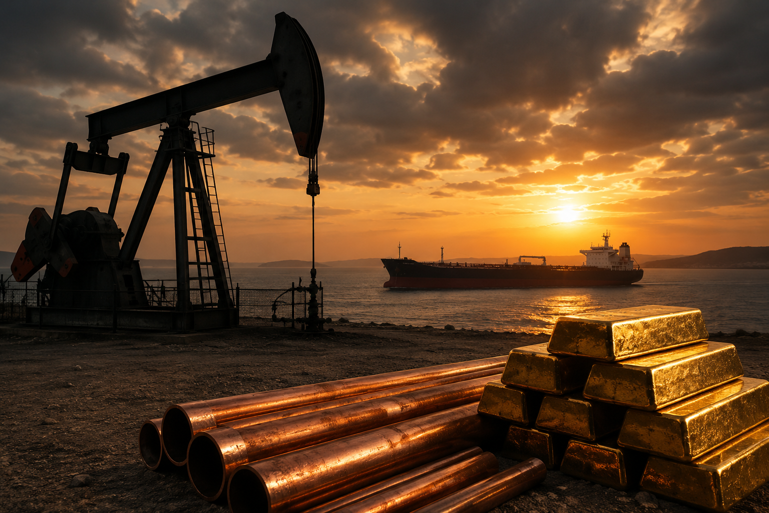 Oil pumpjack, tanker, gold bars and copper pipes at sunset, symbolizing energy and metals market volatility.