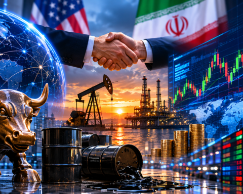 A trader monitors global market screens showing rising stock indexes and falling crude oil prices on a busy exchange floor.