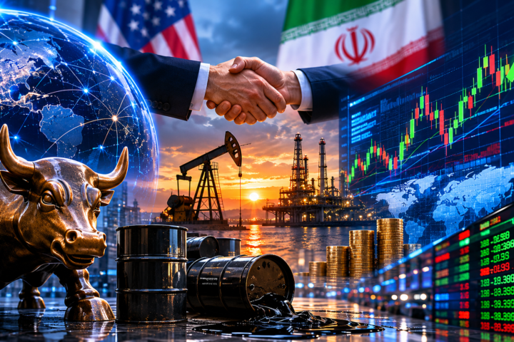 A trader monitors global market screens showing rising stock indexes and falling crude oil prices on a busy exchange floor.